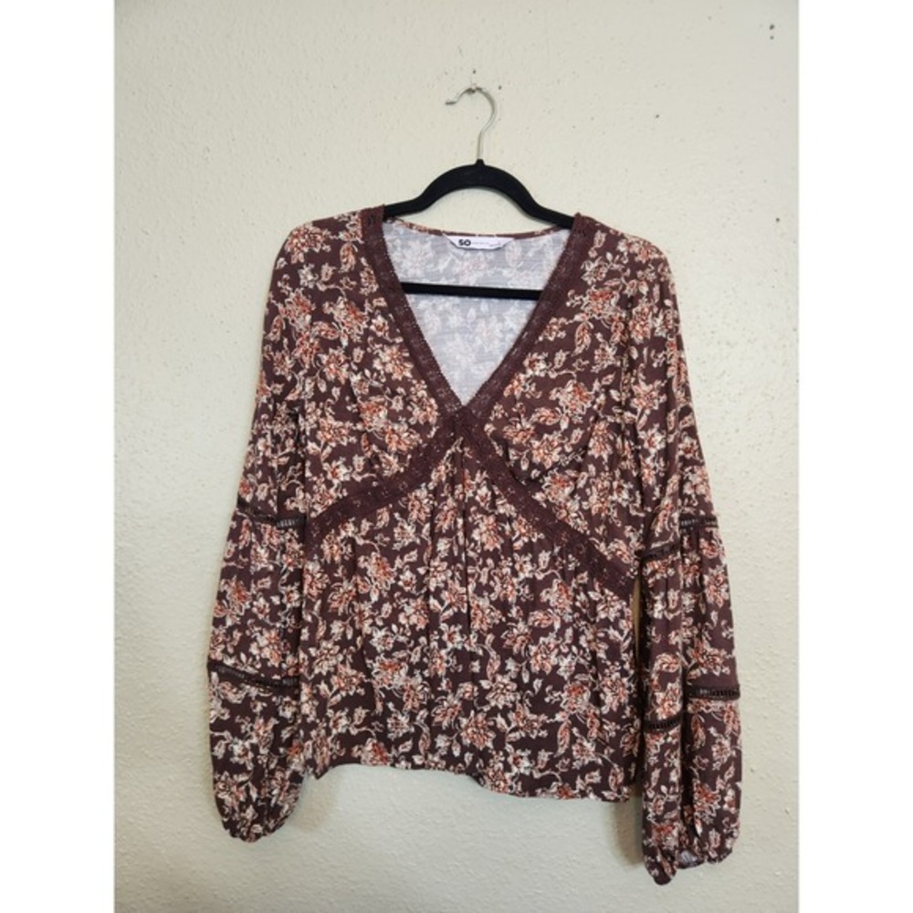 So Goods For Life Women's Brown Floral V-Neck Puff Long Sleeve Blouse Size Large
